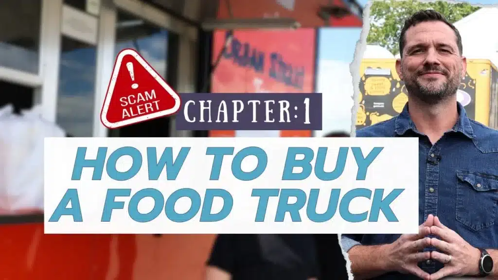 Food Trailer with smiling man and scam alert text