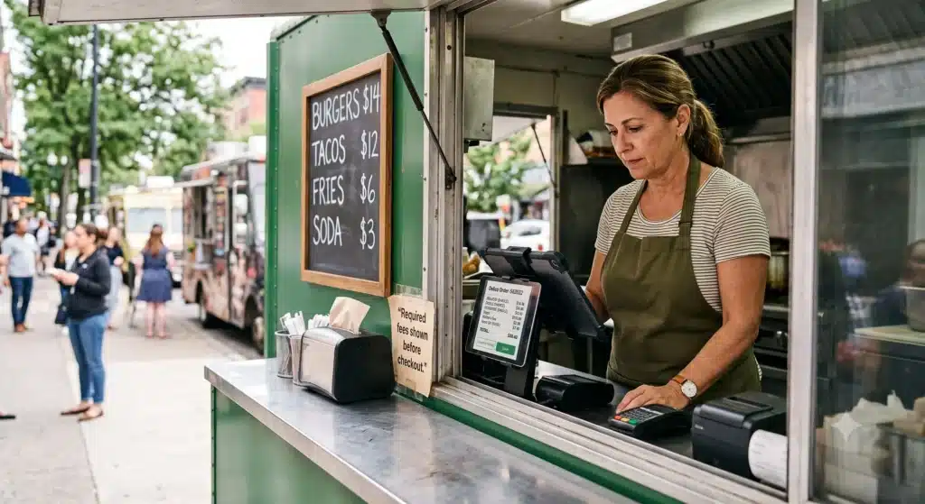Food truck owner reviews an order on a POS tablet showing required fees before checkout at a service window.