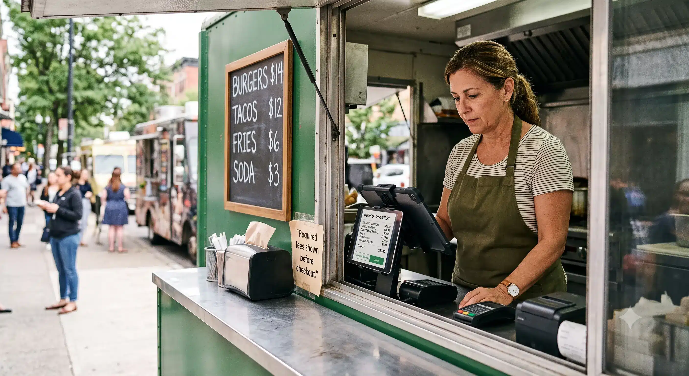Food truck owner reviews an order on a POS tablet showing required fees before checkout at a service window.
