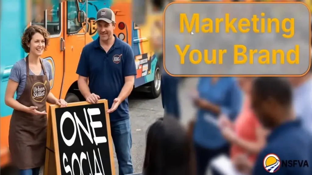Man and Woman outside a food truck standing by a sign reading One Social