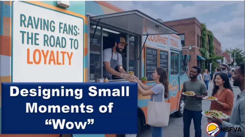 Man handing woman food out of food truck window, line of customers behind her