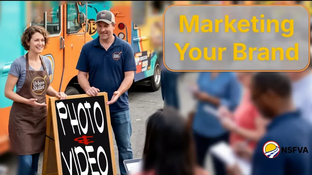 Man and Woman outside a food truck standing by a sign reading Photo & Video