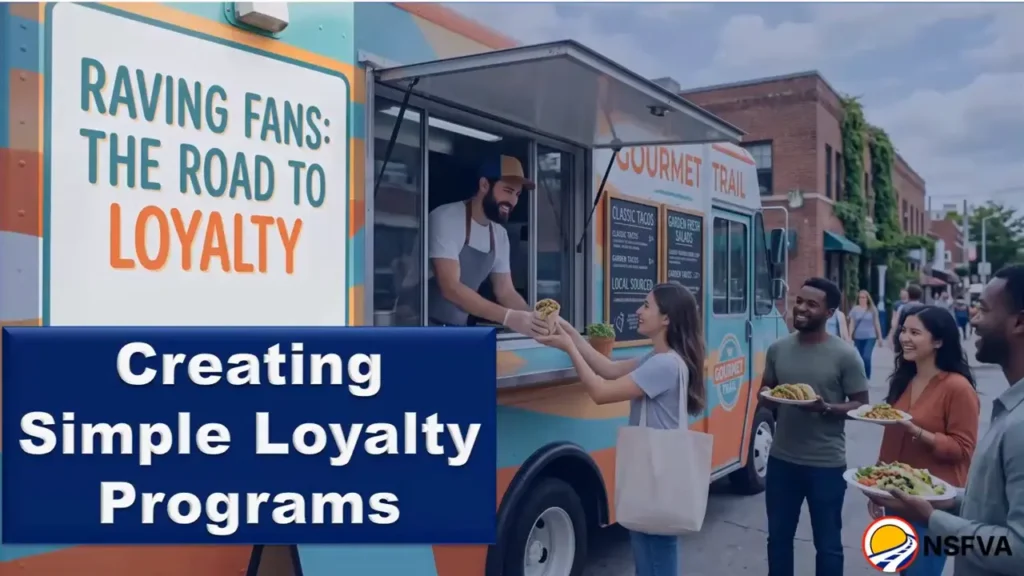 Image of a Man serving a woman out the window a Food Truck with a line behind her
