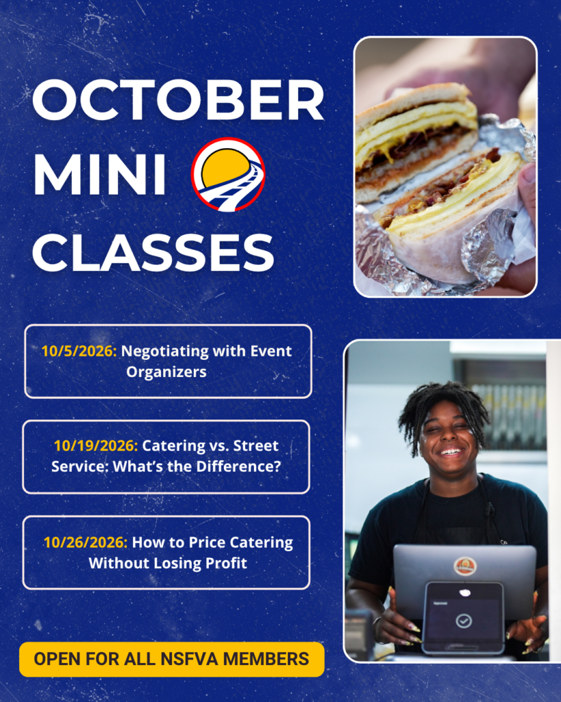 NSFVA October Class Schedule with 2 pictures, one of an egg sandwich and another of a smiling woman at the register